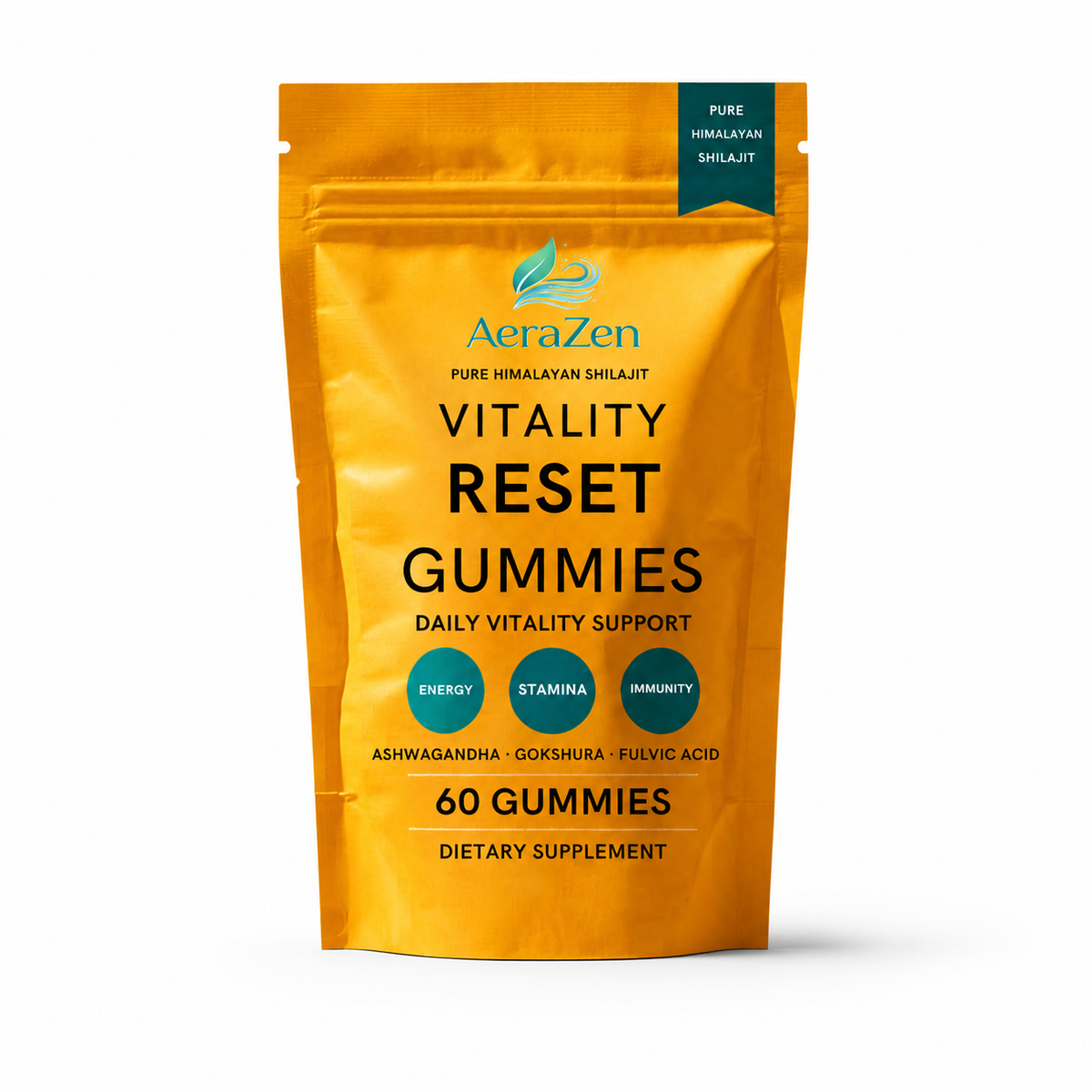 AeraZen Vitality Reset Gummies golden hour lifestyle shot on wooden surface with natural herbs
